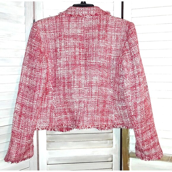 I.C.E. Women's Blazer Size 12 Tweed Lined Jacket Pink and Red Fringed Patterned - Picture 2 of 12